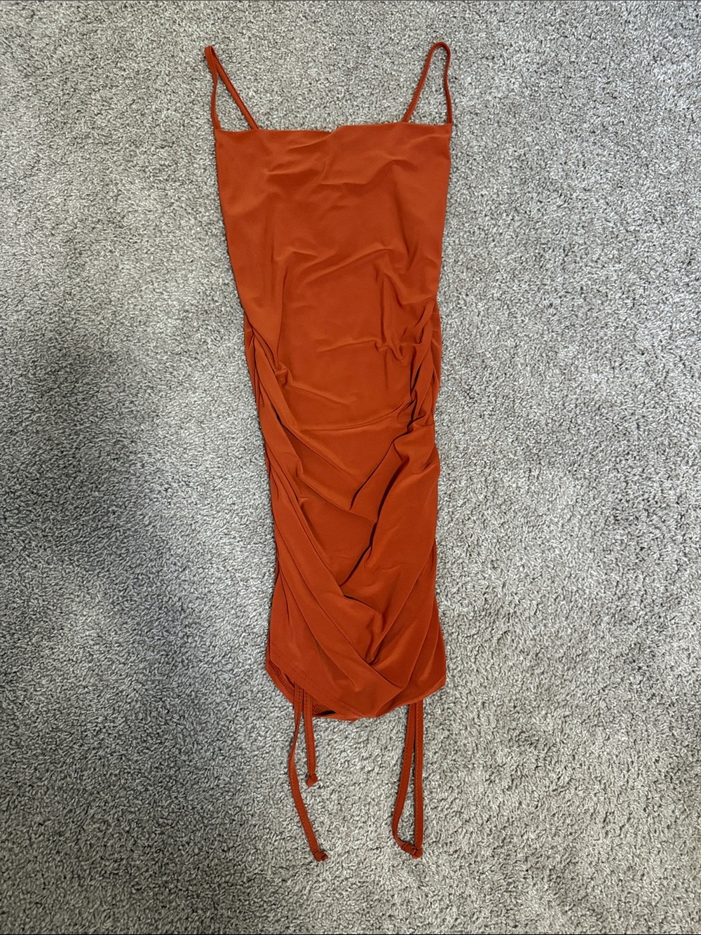 Adjustable Rust-Orange Ruched Spaghetti-Strap Mini Dress